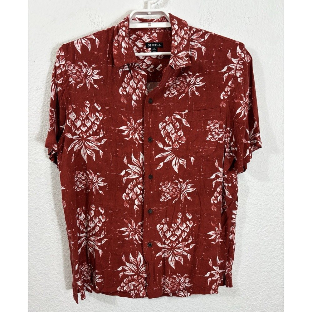 George Hawaiian Shirt Mens Size L Deep Orange Pineapples Rayon Short Sleeve